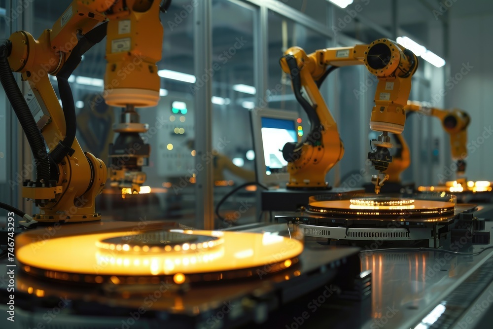 Poster robotic manufacturing of semiconductors and computer chips from silicon wafers. modern technology co