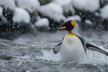 Penguin wading through water in Antarctica