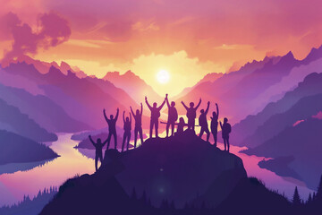Generative AI illustration of a group of people having fun in success victory and happy pose with raised arms on mountain top against sunset mountains.