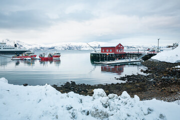 Scenic winter view of Lødingen harbor on the Lofoten Islands in northern Norway