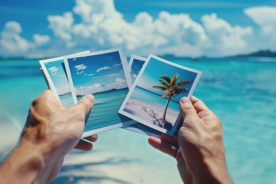Male hands holding printed vacation photos. Memories of a holiday by the sea.
