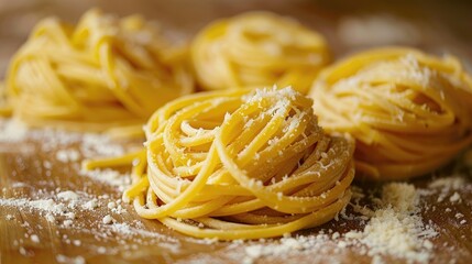 Close-up of golden fettuccine pasta nests with grated cheese on a wooden surface.