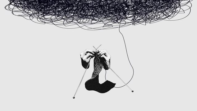 Mindfulness activities for mental well-being. Benefits of hobbies like knitting. Stop motion, animation. Hands knitting, with large tangled wool cloud above. Mental health, therapy, emotions concept