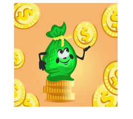 bag of gold dollar coins cartoon style