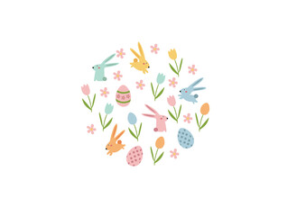 Happy Easter vector illustrations of bunnies, rabbits icons, decorated with flowers and eggs
