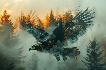 Double Exposure, forest inside the silhouetteof a eagle. Ai generative