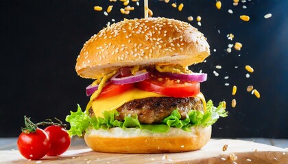 burger flying, with cheese, tomatoes, sesame seeds, mayaness mixing with mustard , showing  effects...