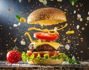 burger flying, with cheese, tomatoes, sesame seeds, mayaness mixing with mustard , showing  effects...