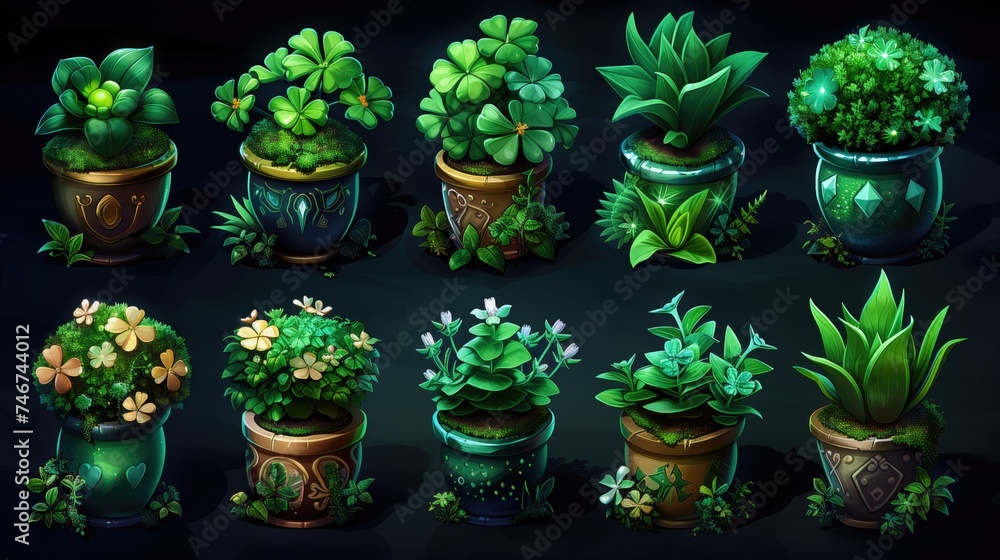 Sticker Illustration of a set of indoor plants in pots on a dark background