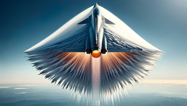 A supersonic fighter jet breaks the sound barrier. AI-generated.