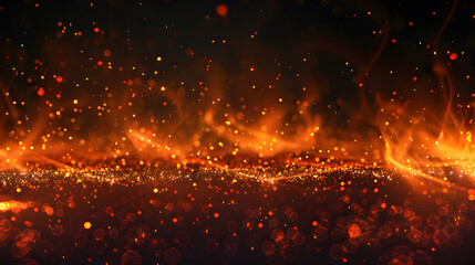 Fototapeta na wymiar Abstract Glowing Fire Embers Scatter Across a Black Background, Creating a Mesmerizing Display of Sparkling Particles and Dark Glitter Lights
