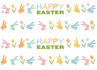 Happy Easter vector illustrations of bunnies, rabbits icons, decorated with flowers and eggs