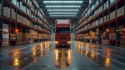 A truck waiting to load goods in a warehouse. Ai generative