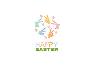 Happy Easter vector illustrations of bunnies, rabbits icons, decorated with flowers and eggs