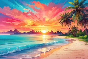Fototapeta na wymiar A vibrant summer background with a colorful sunset over a tropical beach, complete with palm trees and crystal clear water