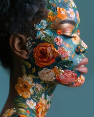 Creative portrait of woman with floral makeup. Model's skin painted with textured oil paint flower patterns