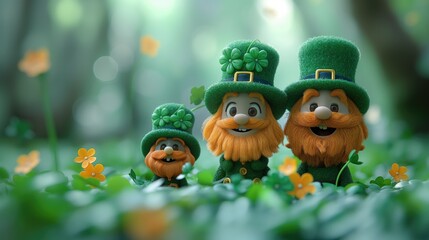 Fototapeta premium Three leprechauns with clover leaves in the forest, St. Patrick's Day