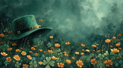 St. Patrick's Day background with clover and leprechaun hat - obrazy, fototapety, plakaty