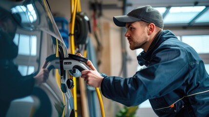 An electrician in work attire is busy setting up an electric vehicle charging station in a residential garage, contributing to sustainable living. AIG41