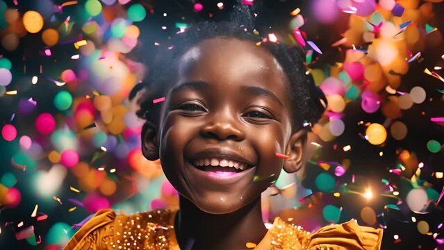 A very happy cute black child is sprinkled with confetti, with bright flashes on the background. Street party, carnival