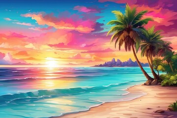 A vibrant summer background with a colorful sunset over a tropical beach, complete with palm trees and crystal clear water