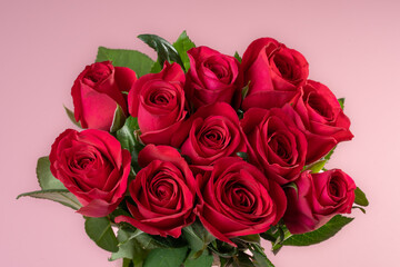 Bouquet of Red Roses on a Pink Background