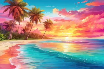 A vibrant summer background with a colorful sunset over a tropical beach, complete with palm trees and crystal clear water