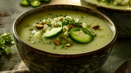 Chilled Chickpea Puree with Sliced Cucumber and Almonds