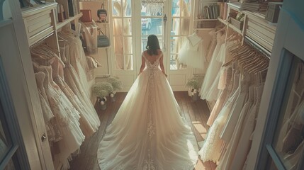 A beautiful bride tries on her wedding dress in a well-lit bridal boutique.