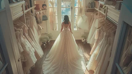 Fotobehang A beautiful bride tries on her wedding dress in a well-lit bridal boutique. © Татьяна Креминская