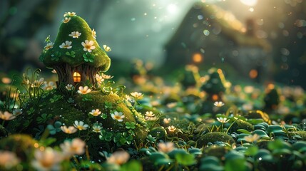 Little green fairy leprechaun house on green moss with bokeh lights. St. Patrick's day