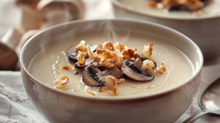 Fototapeta na wymiar Gourmet Mushroom Soup Adorned with a Sour Cream Ripple