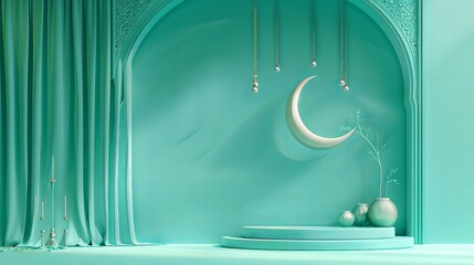 3D depiction of traditional teal Islamic decorations and a crescent moon decorate this product display backdrop with a Muslim-Islamic festival motif.