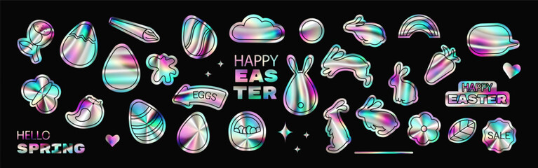 Happy Easter holographic foil stickers set. Trendy y2k holo spring elements collection for branding, packaging, prints, social media posts, poster design. Vector illustration on black background
