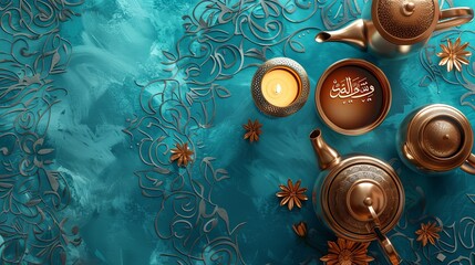 3D Islamic festive banner. Top perspective image of a blue pattern table decorated for Ramadan, with a lantern, a coffee pot, and the holy Quran
