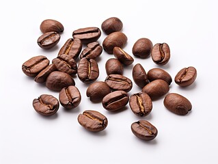 Coffee beans isolated on a white background. Roasted coffee beans on white, top view.