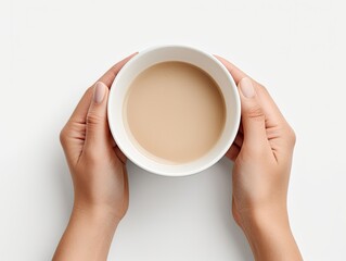 Human hands holding a cup of coffee on a white background. Top view of female hands holding a cup of coffee.