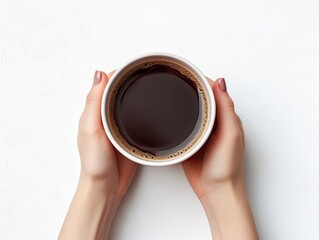 White mug of black coffee. Top view of a female hands in holding mug of delicious coffee. 