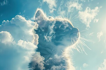 A playful kitten merged with the texture of soft, fluffy clouds drifting across a blue sky in a double exposure