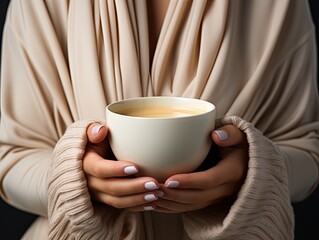 Woman in warm sweater holding a cup of coffee with latte, flat lay with copy space 
