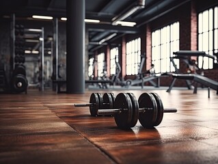 Workout in the gym. Dumbbells. Dumbbells are located on the floor in the health club. 