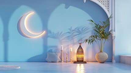 3D contemporary Islamic holiday banner, appropriate for Raya Hari, Eid al Adha, Mawlid, and Ramadan. a calm blue background with a lit lantern and a crescent moon decoration.