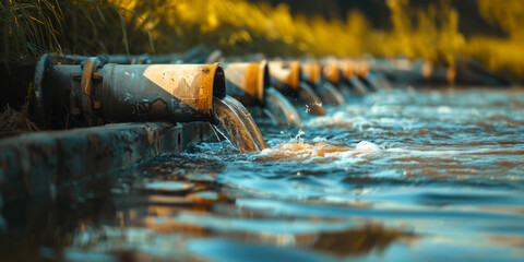 Wastewater discharge pipe into the river - AI Generated - obrazy, fototapety, plakaty