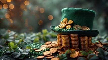 St. Patrick's Day background. St Patrick's Day hat with gold coins on green background. Holiday banner, web poster, flyer, stylish brochure, greeting card. Ai generative