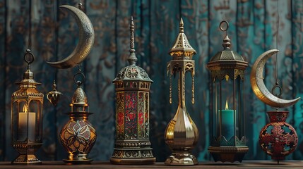 Fototapeta na wymiar Islamic lantern fanoos and a metallic crescent moon are part of the 3D religious element collection. Ideal for decorating during Eid al Adha or Ramadan.