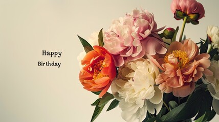 celebration with a vibrant bouquet of peonies flowers complemented by the text Happy Birthday, against a backdrop of ample empty space for personalized messages or additional text.