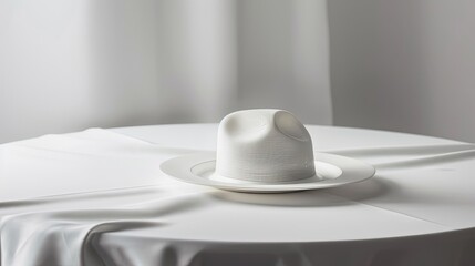 Fototapeta na wymiar a white linen tablecloth adorned with a majestic royal family hat as a striking centerpiece, evoking a sense of regal sophistication and grandeur.