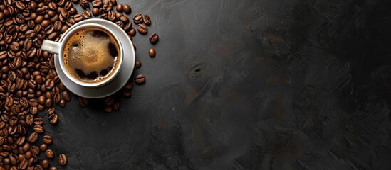 A top-down view of a ceramic cup filled with hot coffee, placed on a surface covered with roasted coffee beans. The beans are various shades of brown, creating a visually appealing contrast with the - obrazy, fototapety, plakaty