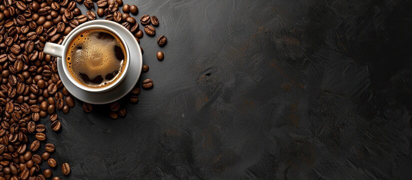 A top-down view of a ceramic cup filled with hot coffee, placed on a surface covered with roasted coffee beans. The beans are various shades of brown, creating a visually appealing contrast with the