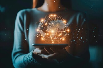 Digital composite of a person holding a smartphone with a glowing, interconnected global network, symbolizing global connectivity.